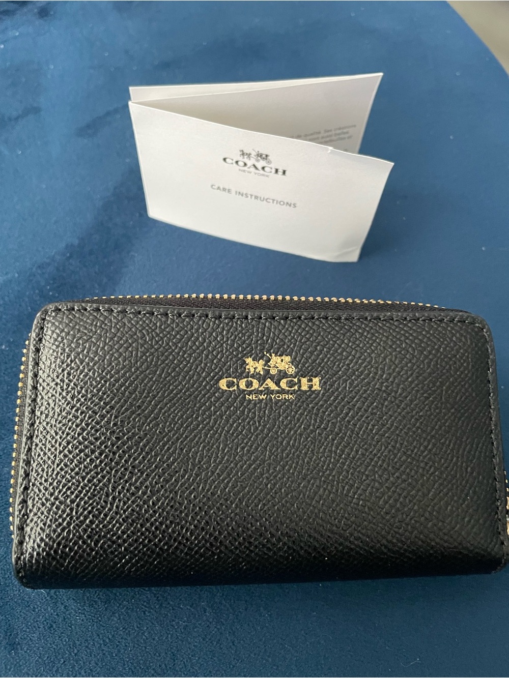 Coach Black Textured Leather Zip Card Wallet with Gold Logo